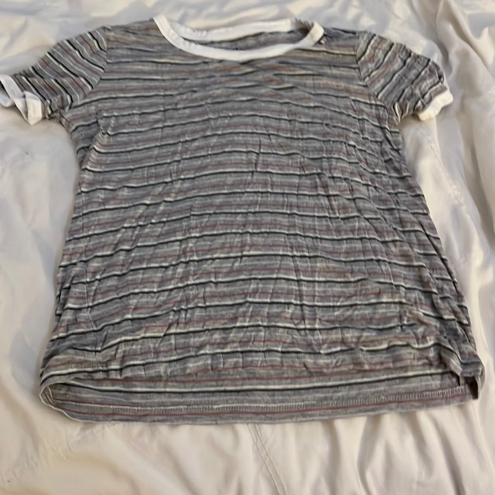 short sleeve SO shirt with gray, black, white, and red strips XS girl
